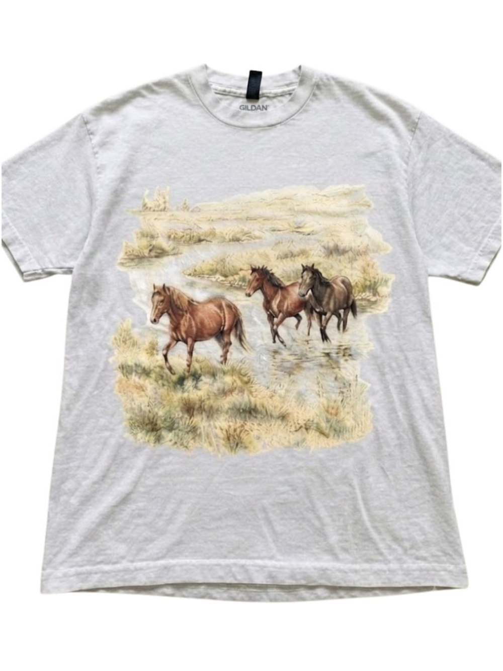 Gildan White Short Sleeve Tee with Brown Horse Graphic